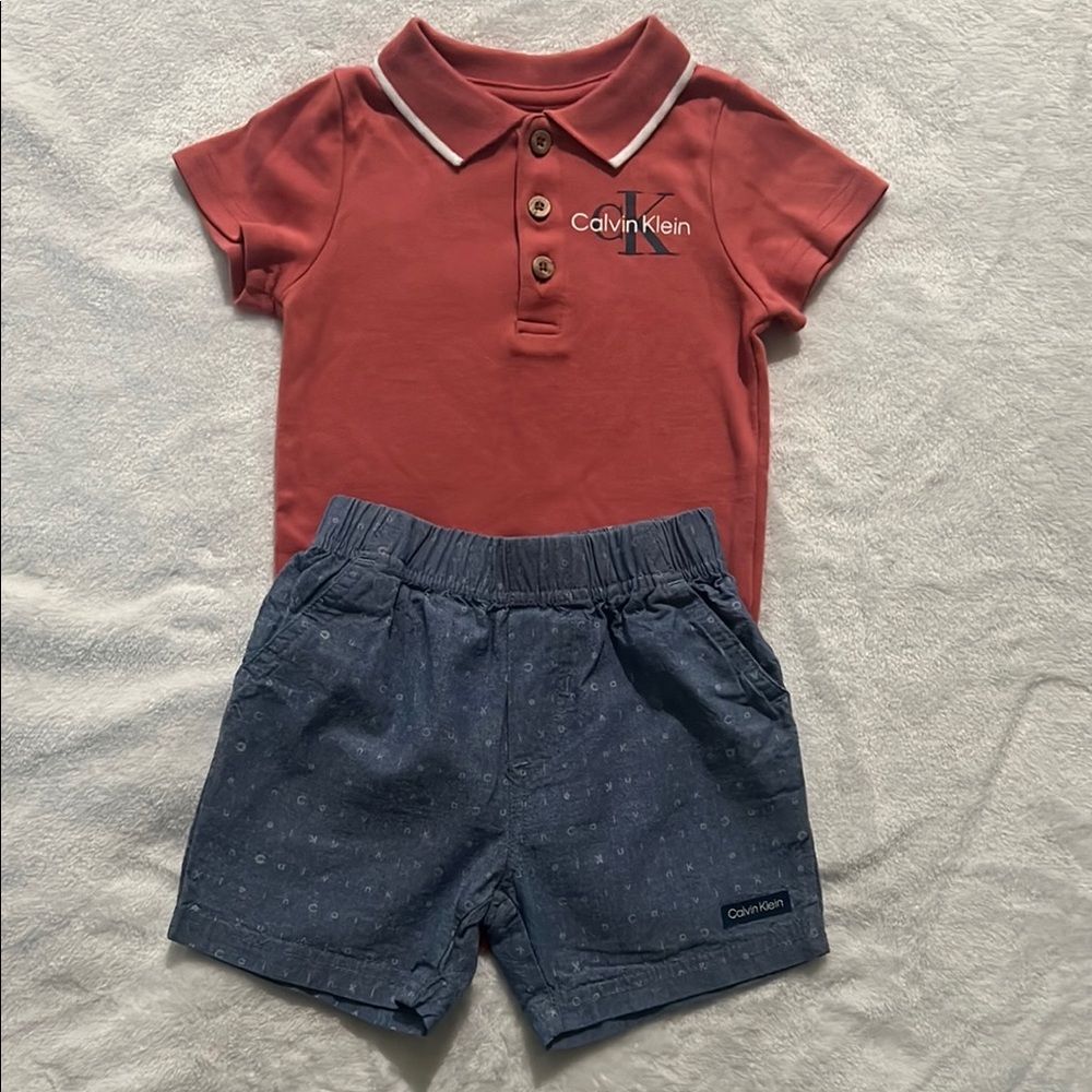 Calvin Klein Coral Polo and Denim Shorts Set